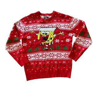 SpongeBob SquarePants Christmas Sweater Mens M Red White Snowflake Tree